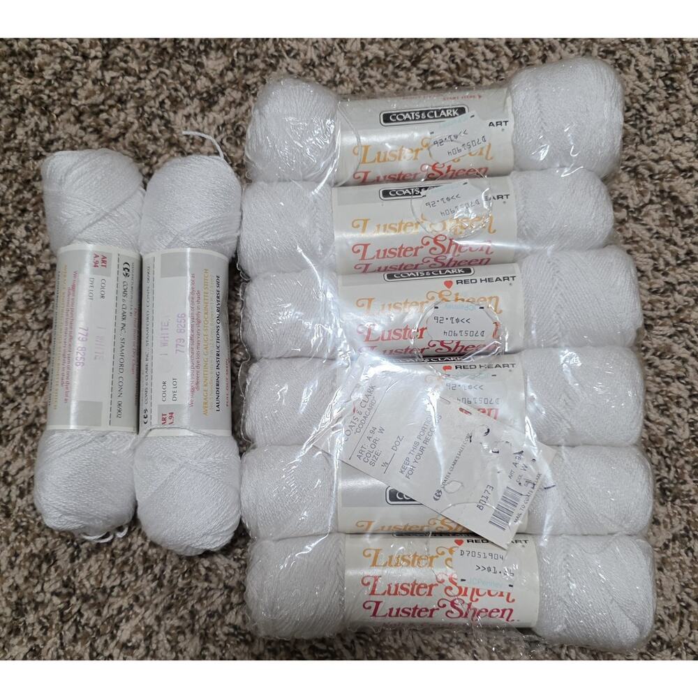 Vintage 8 Skeins Red Heart Luster Sheen Yarn White A94 Dye Lot 779 8256